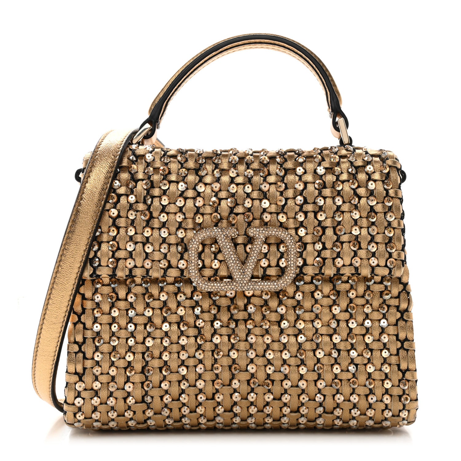 Valentino Garavani Metallic Calfskin Sequin Crystal Embroidered Mini Vsling Top Handle Bag Gold Multicolor 1 of 9