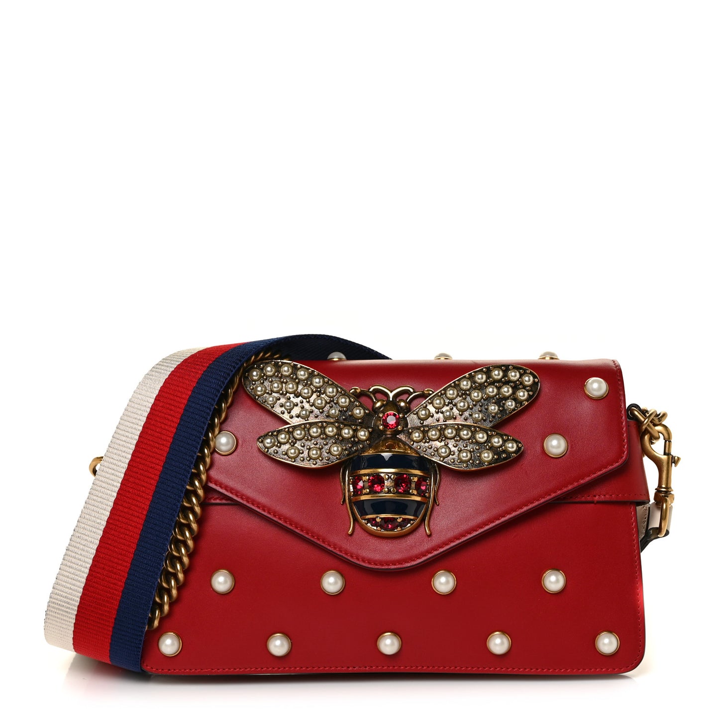 Calfskin Pearl Queen Margaret Studded Mini Broadway Bag Red