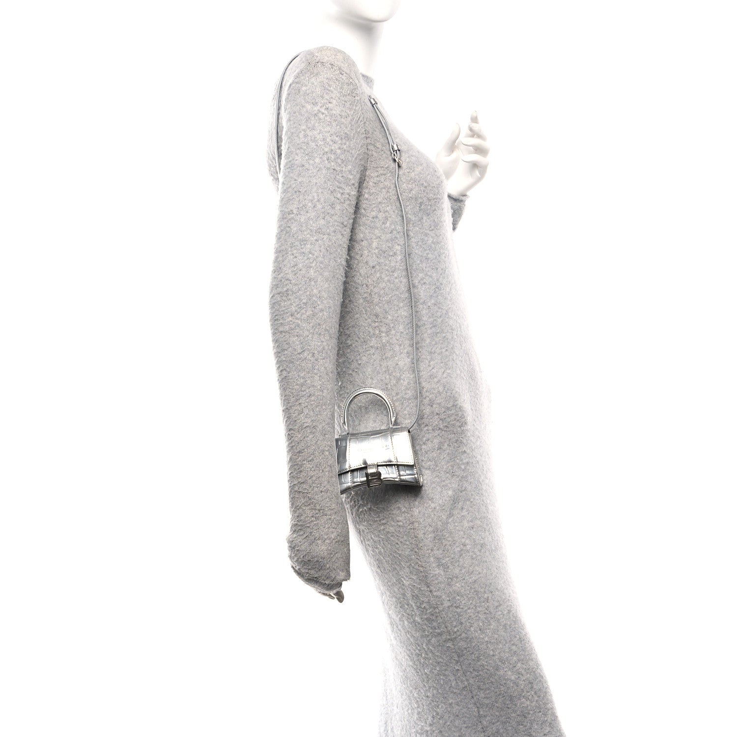 Balenciaga Metallic Calfskin Crocodile Embossed Hourglass Top Handle Bag Mini Silver 2 of 9
