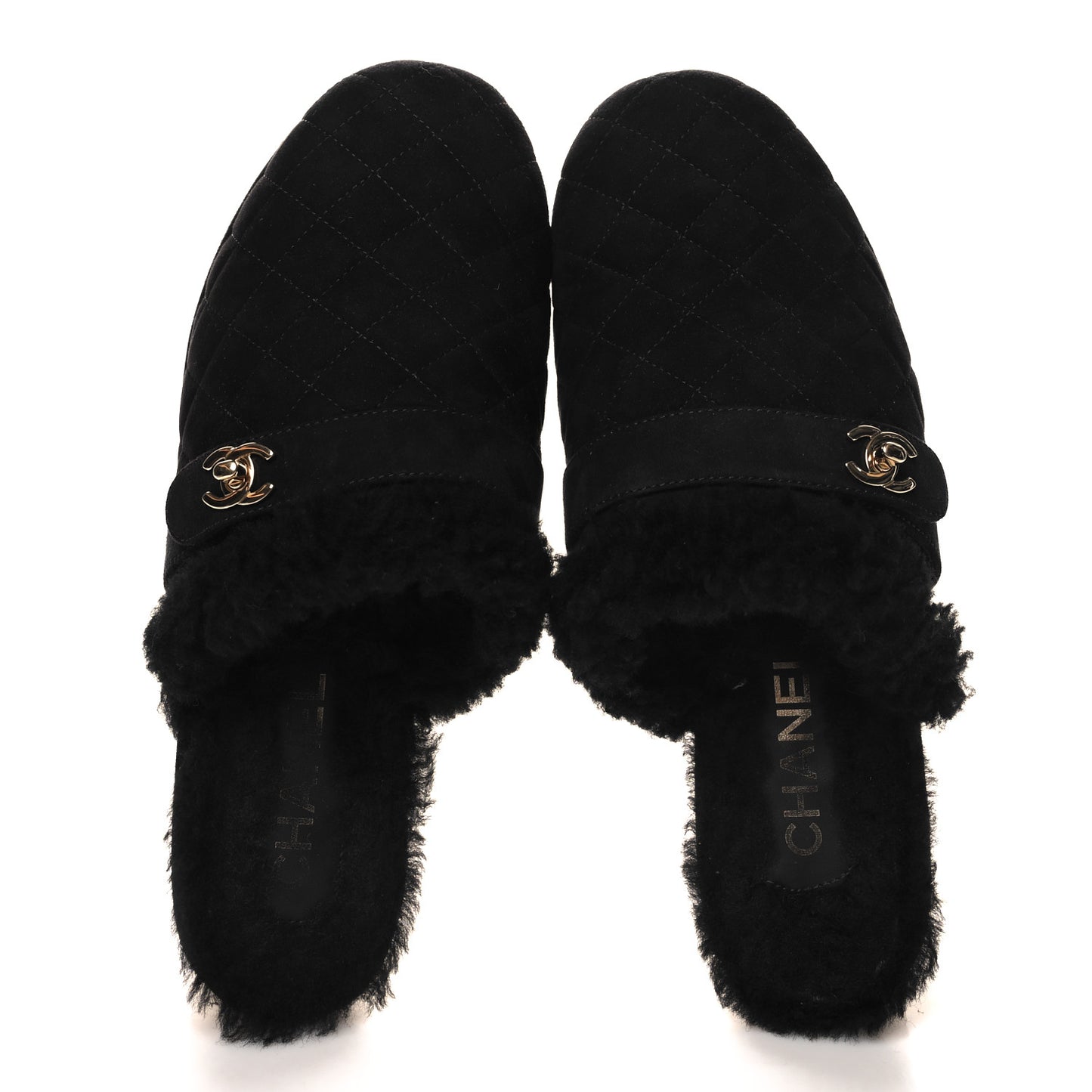 Suede Calfskin Shearling Turn Lock Clogs 40 Black