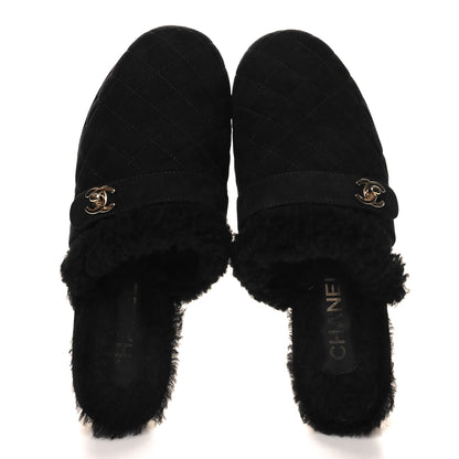 Chanel Suede Calfskin Shearling Turn Lock Clogs 40 Black 2 of 8