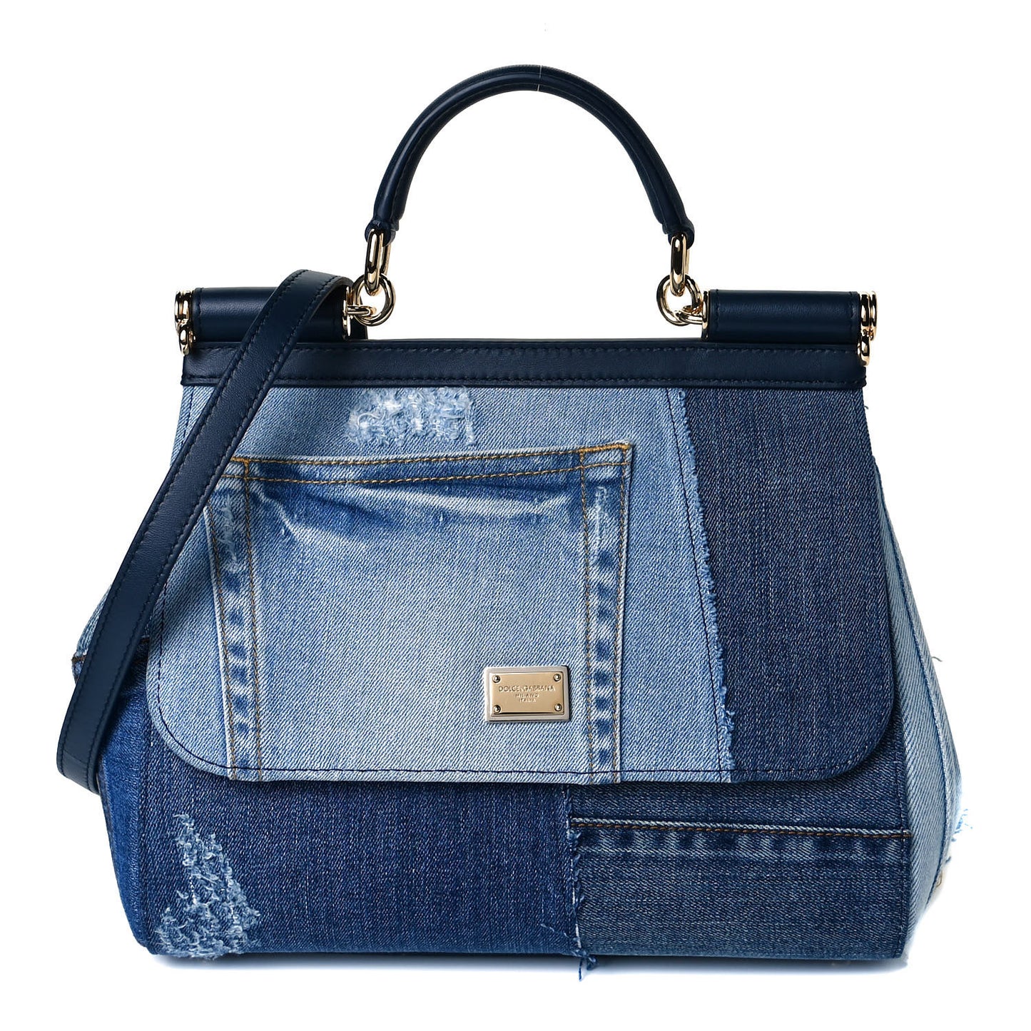 Calfskin Denim Patchwork Medium Miss Sicily Satchel Blue