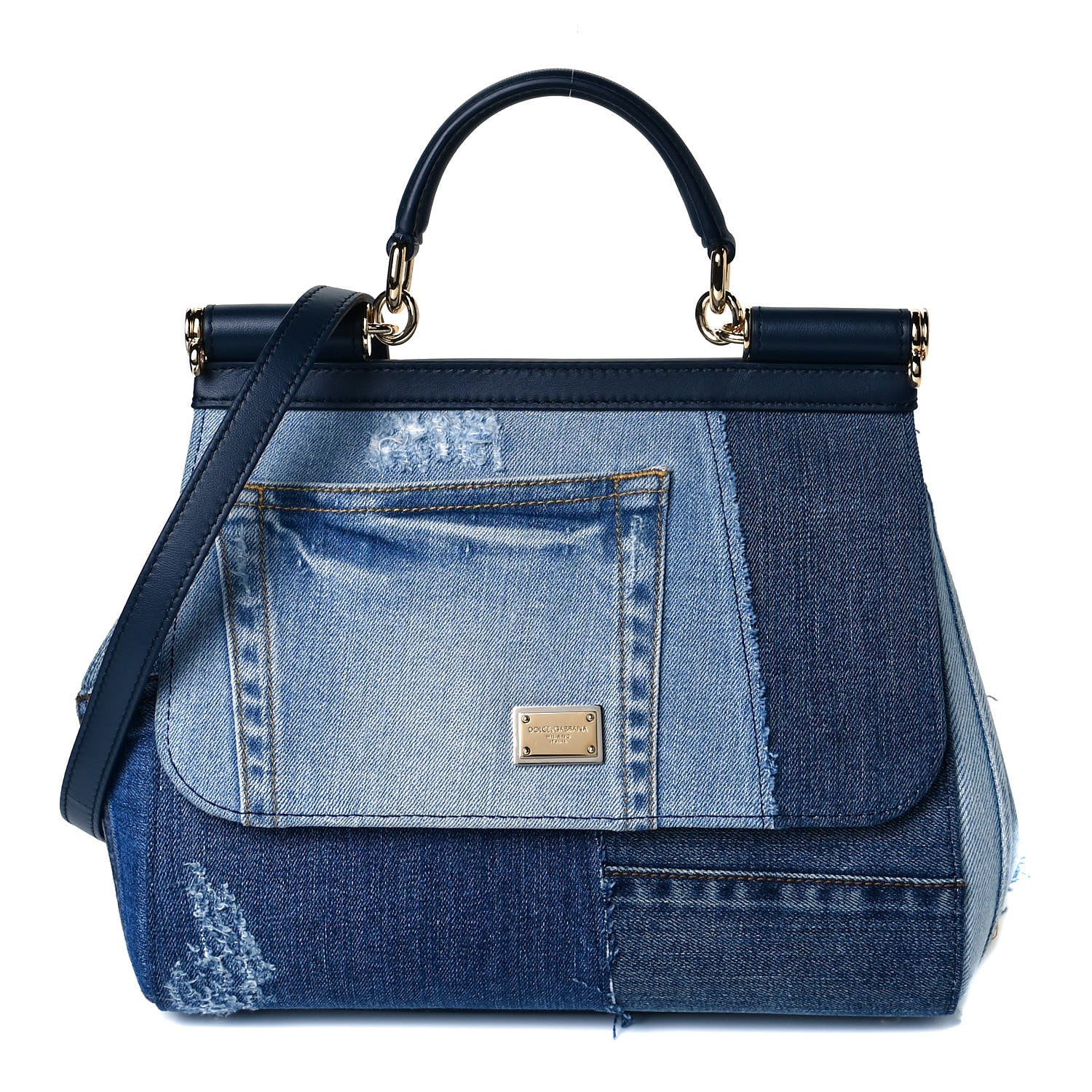 Dolce & Gabbana Calfskin Denim Patchwork Medium Miss Sicily Satchel Blue 1 of 6