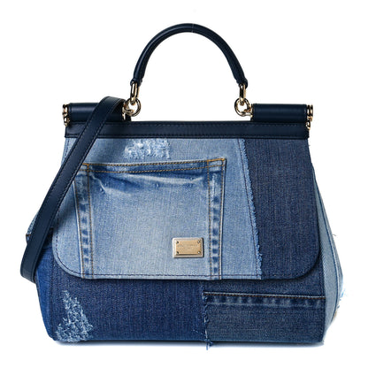 Dolce & Gabbana Calfskin Denim Patchwork Medium Miss Sicily Satchel Blue 1 of 6