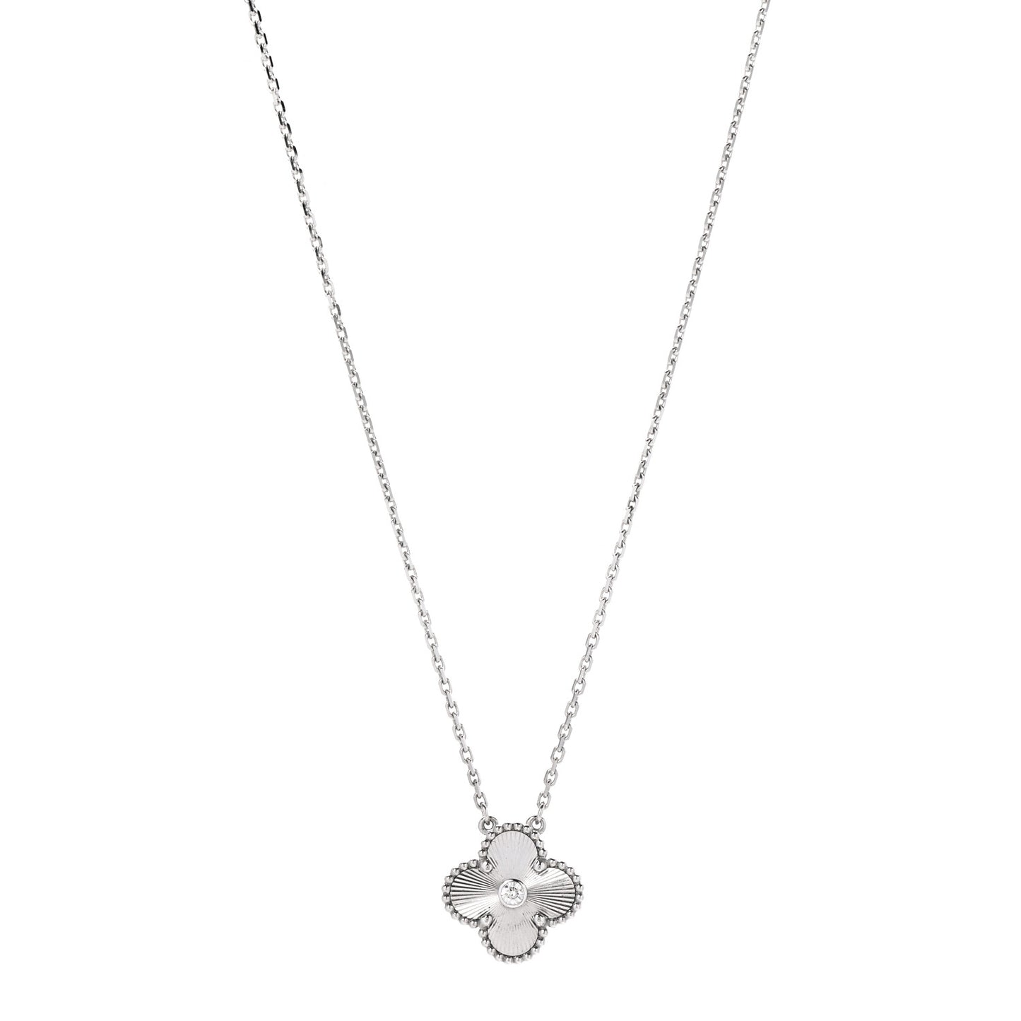 18K White Gold Diamond Guilloche Vintage Alhambra Pendant Necklace