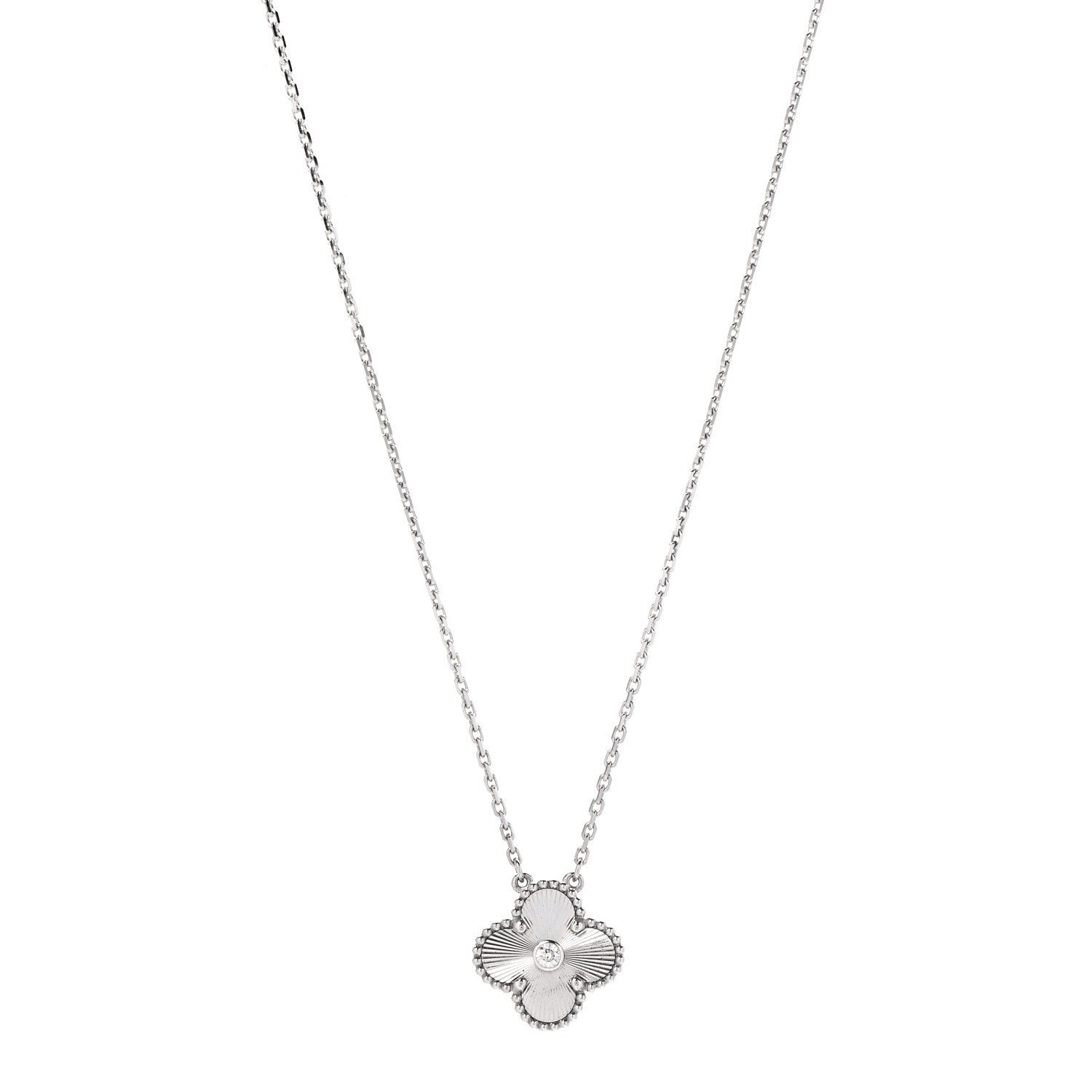 Van Cleef & Arpels 18K White Gold Diamond Guilloche Vintage Alhambra Pendant Necklace 1 of 6