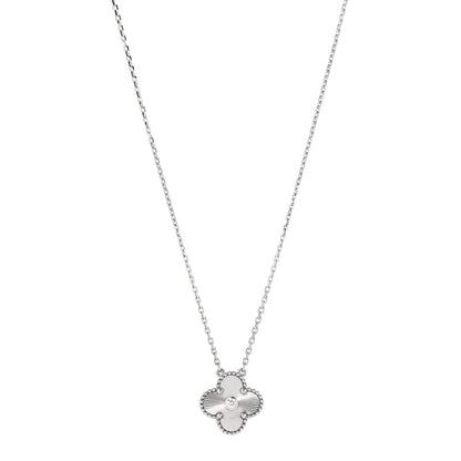 Van Cleef & Arpels 18K White Gold Diamond Guilloche Vintage Alhambra Pendant Necklace 1 of 6