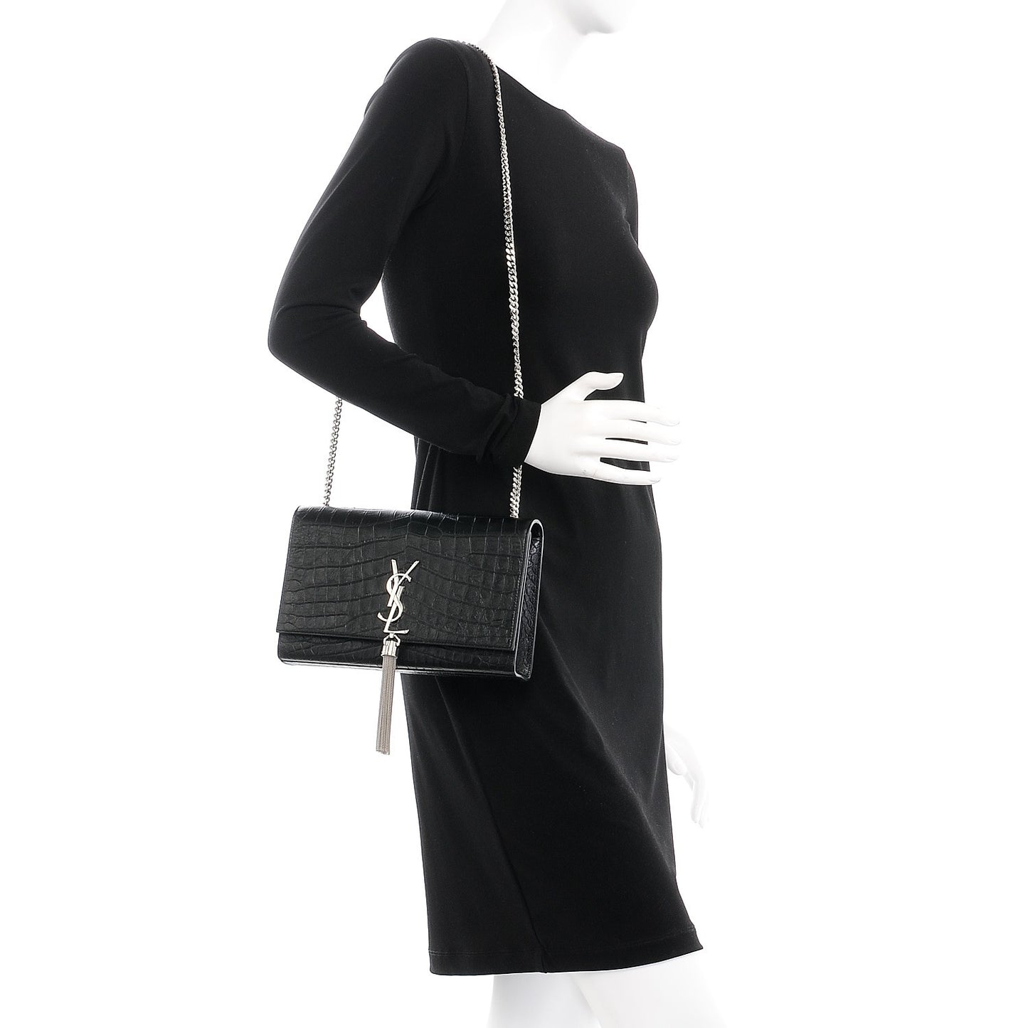 Calfskin Crocodile Embossed Medium Classic Monogram Kate Tassel Satchel Black