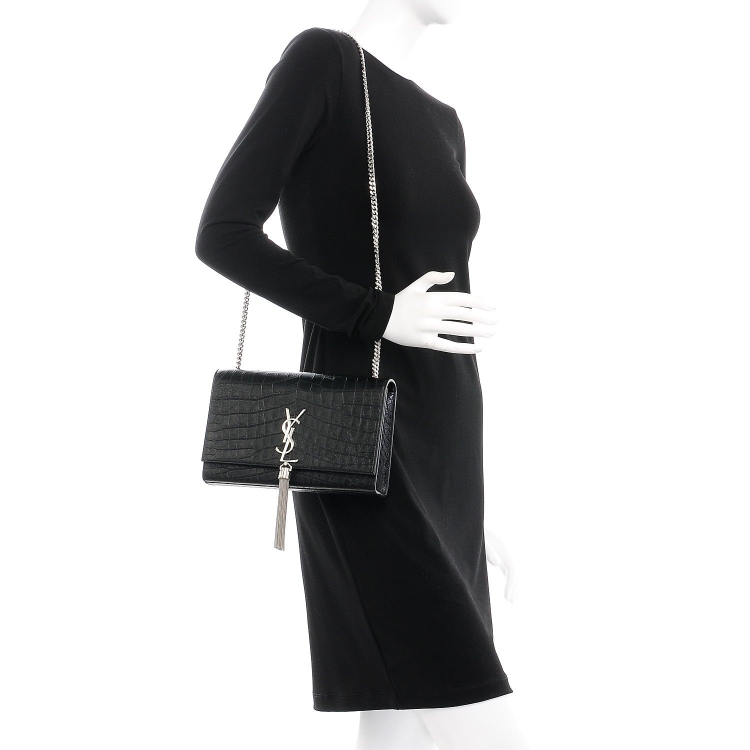 Saint Laurent Calfskin Crocodile Embossed Medium Classic Monogram Kate Tassel Satchel Black 2 of 6