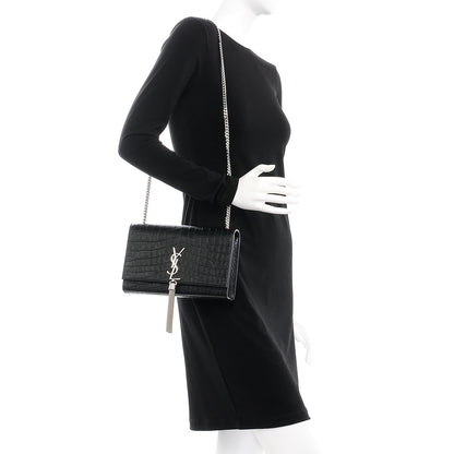 Saint Laurent Calfskin Crocodile Embossed Medium Classic Monogram Kate Tassel Satchel Black 2 of 6