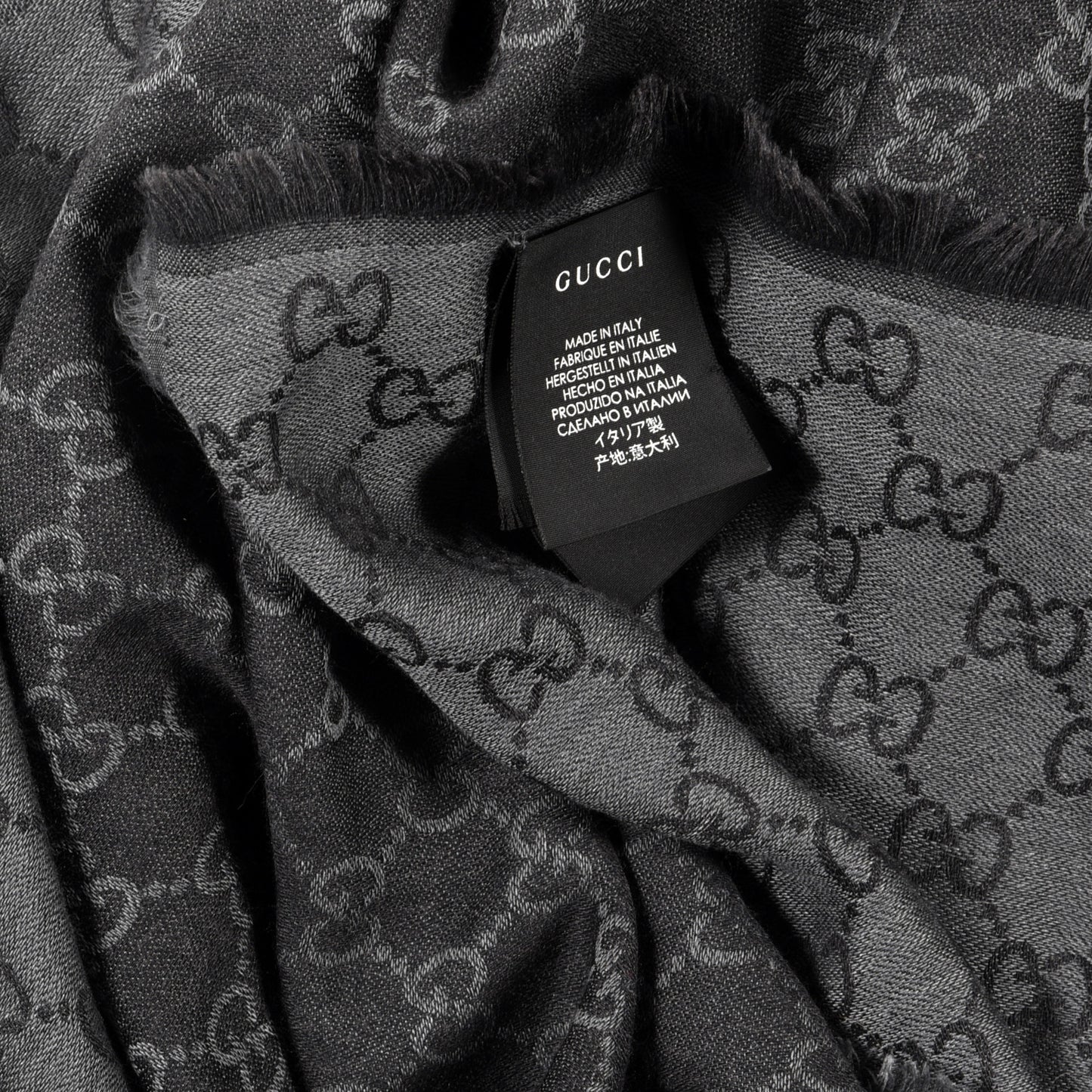 Wool Silk Monogram GGWeb Fringe Shawl Black Medium Grey