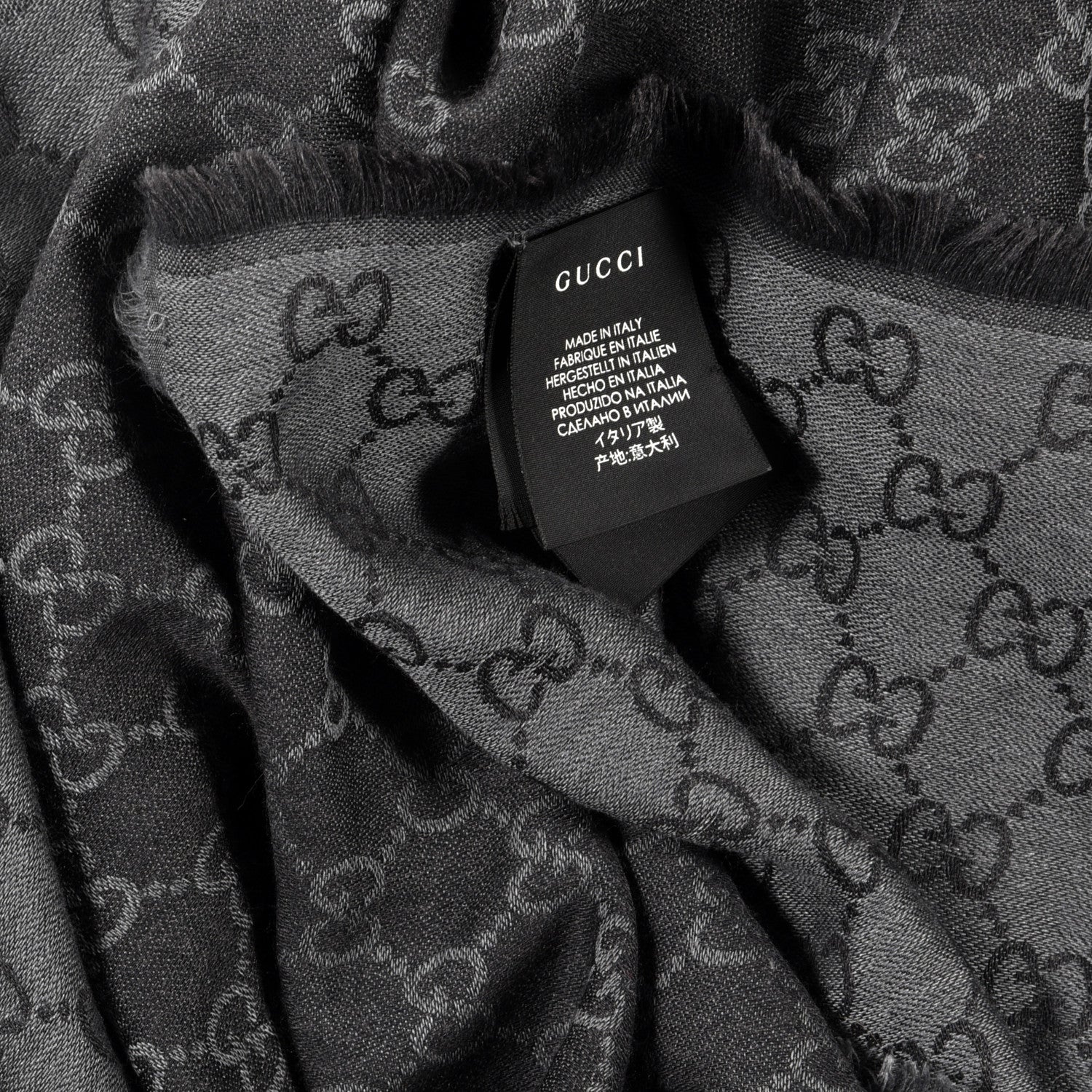 Gucci Wool Silk Monogram GGWeb Fringe Shawl Black Medium Grey 3 of 4