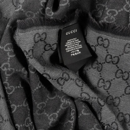 Gucci Wool Silk Monogram GGWeb Fringe Shawl Black Medium Grey 3 of 4