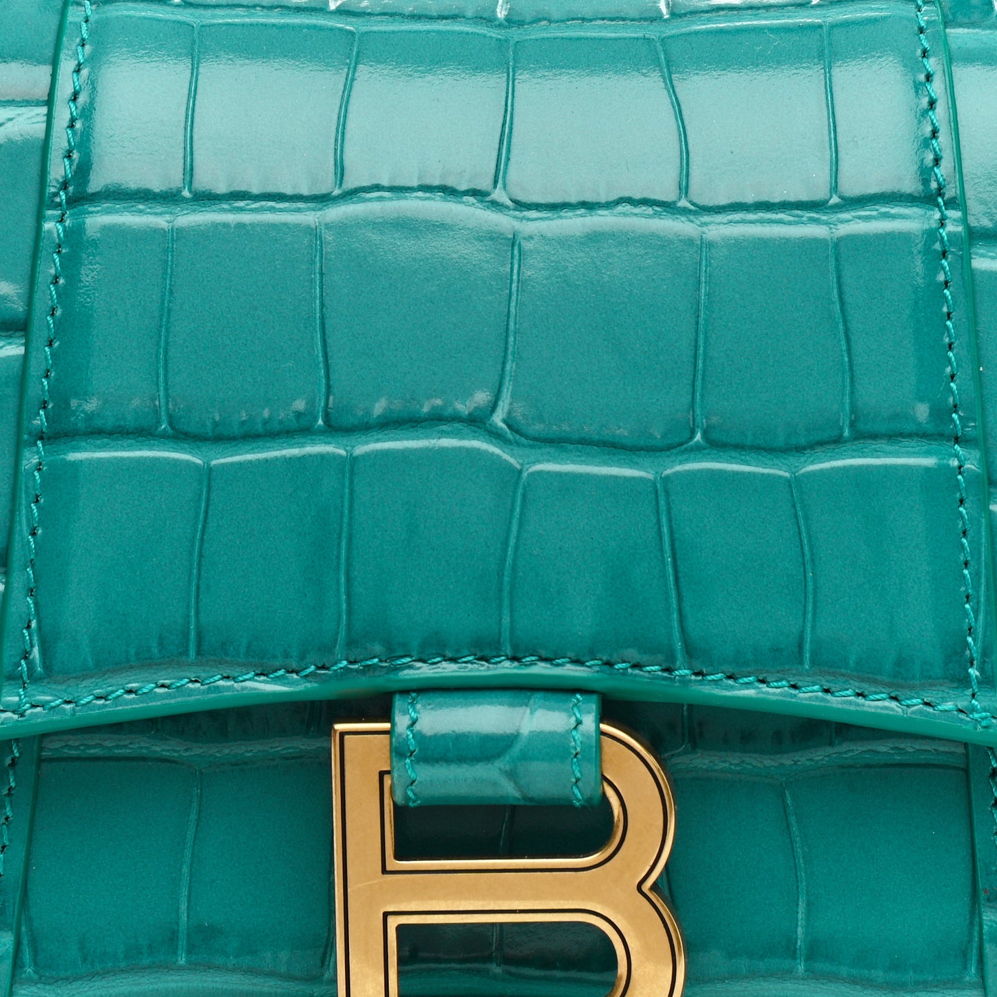 Shiny Calfskin Crocodile Embossed Hourglass Top Handle Bag XS Dark Turquoise