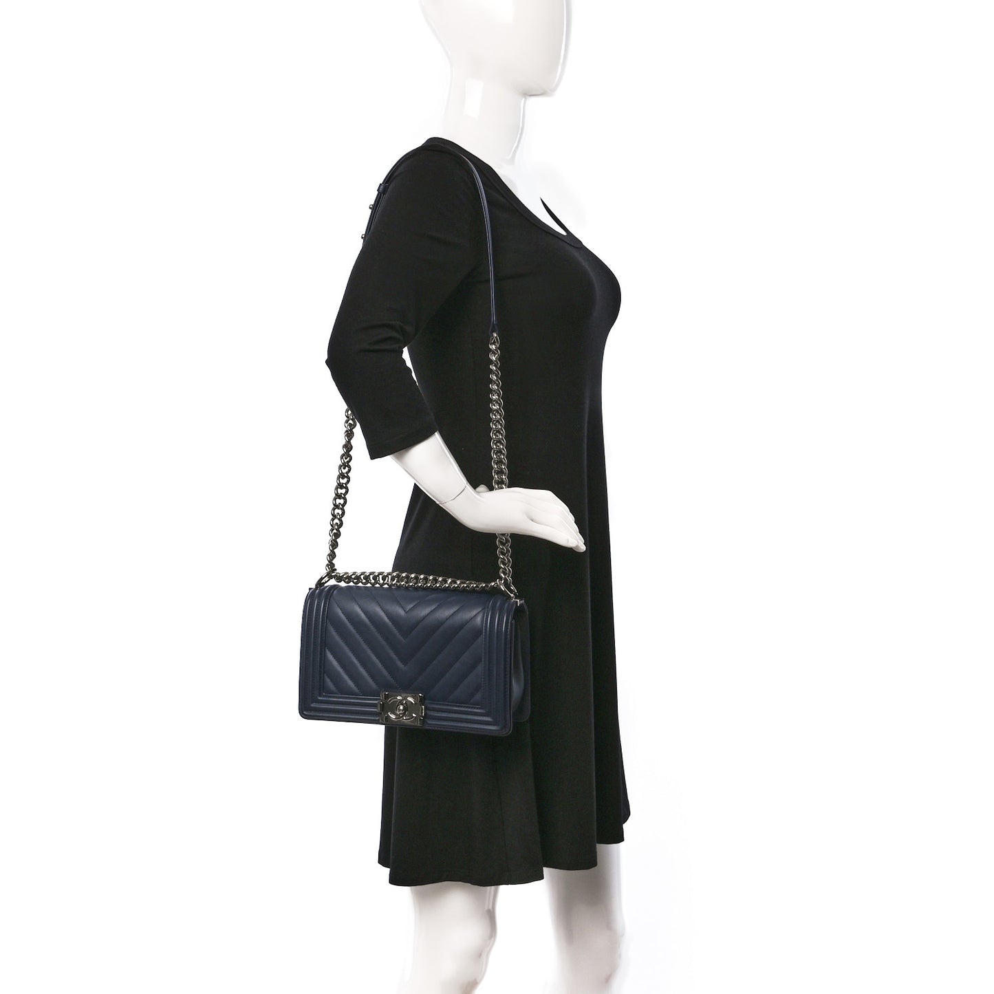 Lambskin Chevron Medium Boy Flap Dark Navy Blue