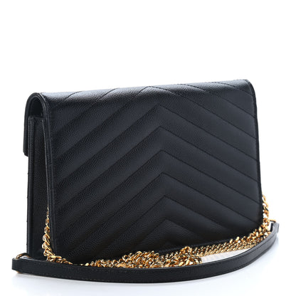 Saint Laurent Grain De Poudre Matelasse Chevron Monogram Envelope Chain Wallet Black 2 of 4