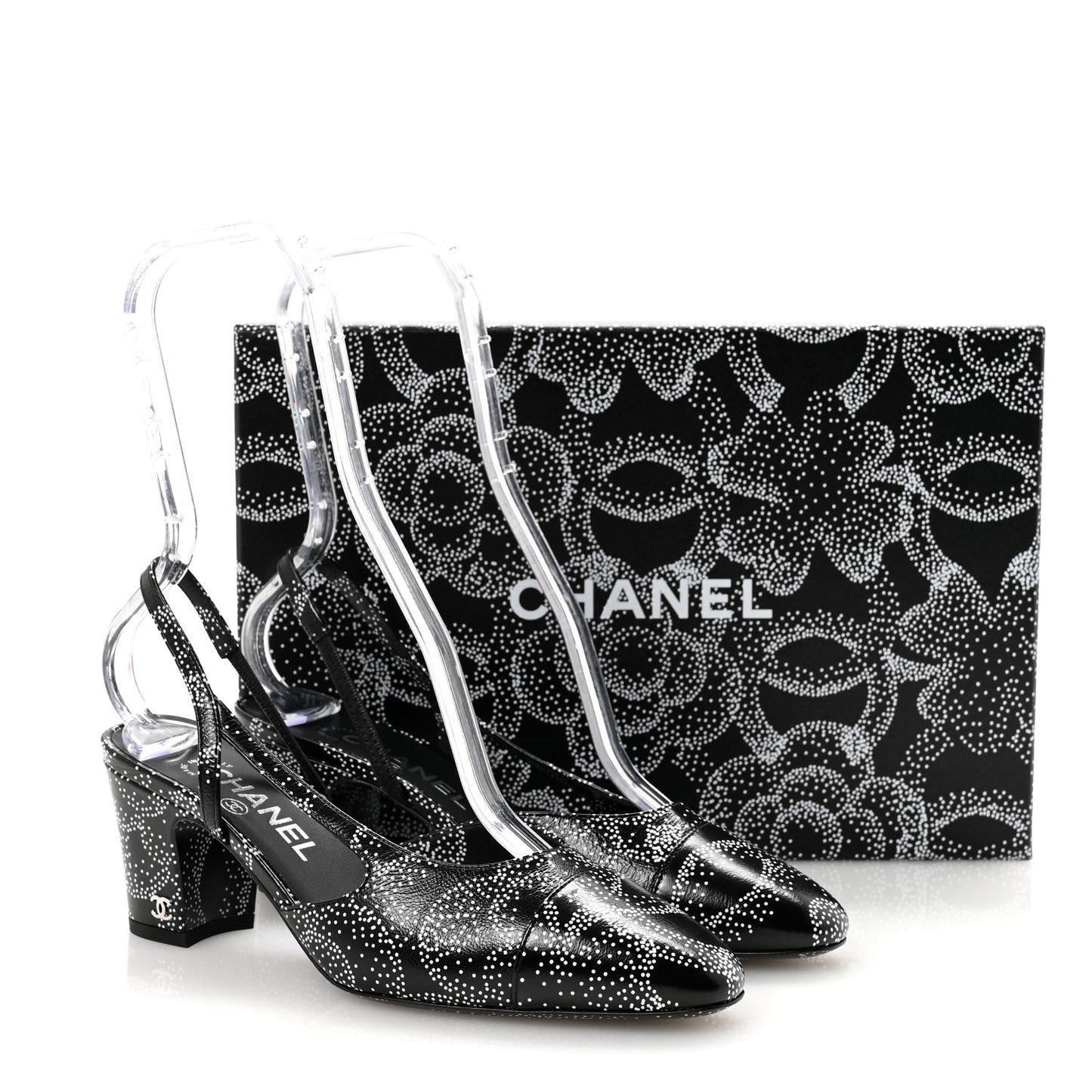 Calfskin Camellia Printed Cap Toe CC Slingback Pumps 37 Black White