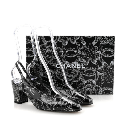 Chanel Calfskin Camellia Printed Cap Toe CC Slingback Pumps 37 Black White 9 of 9