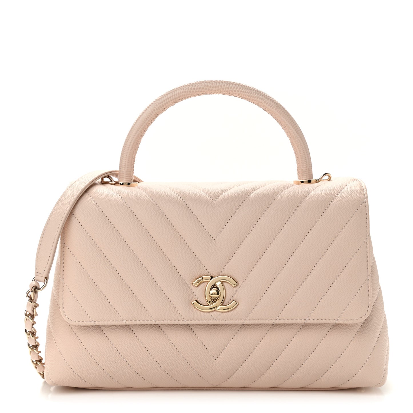 Caviar Lizard Embossed Chevron Quilted Small Coco Handle Flap Beige
