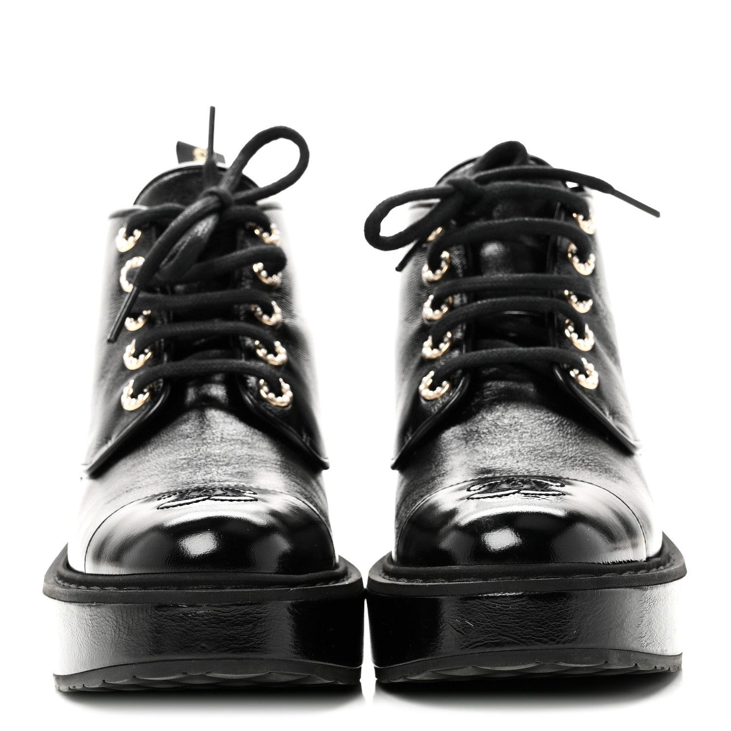 Chanel Shiny Calfskin Pearl Lace Up Combat Short Boots 38 Black 3 of 10
