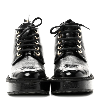 Chanel Shiny Calfskin Pearl Lace Up Combat Short Boots 38 Black 3 of 10