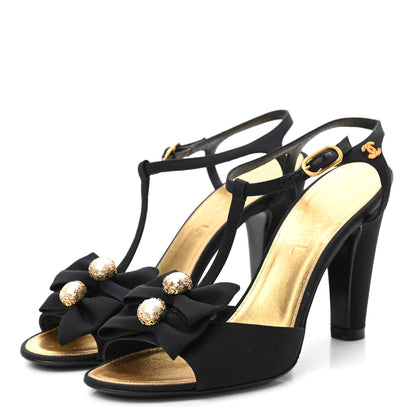 Chanel Satin Canvas Pearl Bow Sandals 38 Black 3 of 14