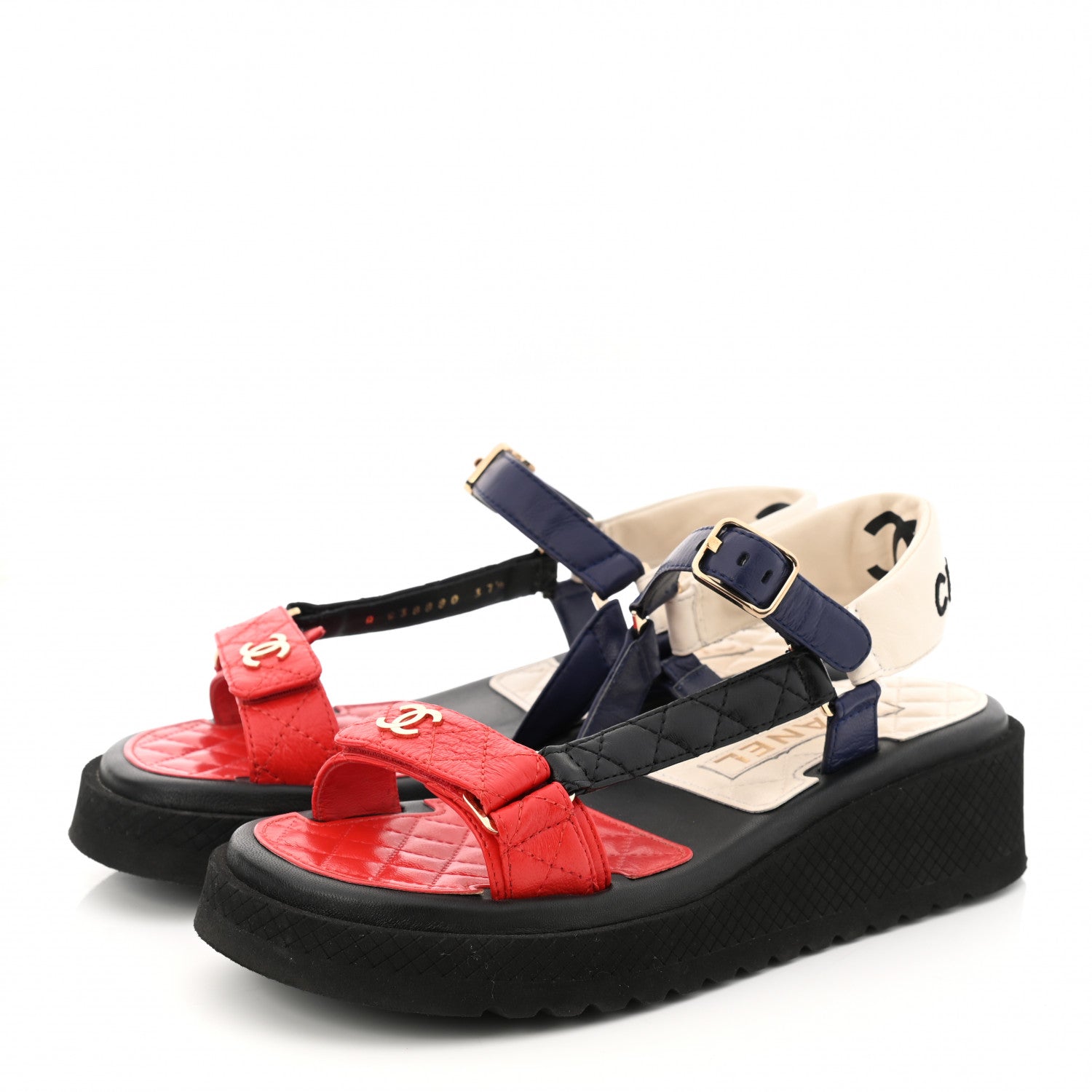 Chanel Lambskin Logo Platform Sandals 37.5 Red Black Ivory Navy Blue 3 of 9