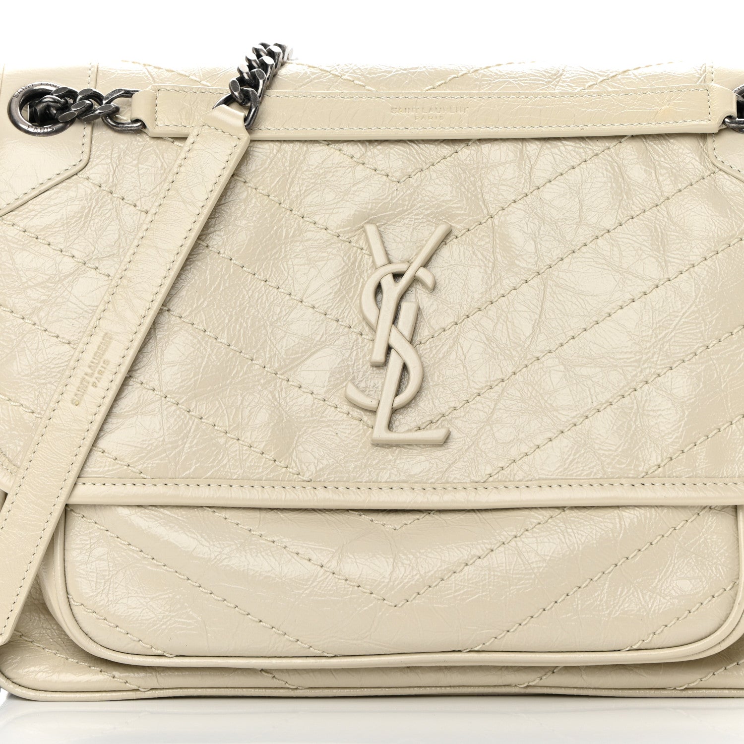Saint Laurent Crinkled Calfskin Matelasse Monogram Medium Niki Chain Satchel Ivory 8 of 12