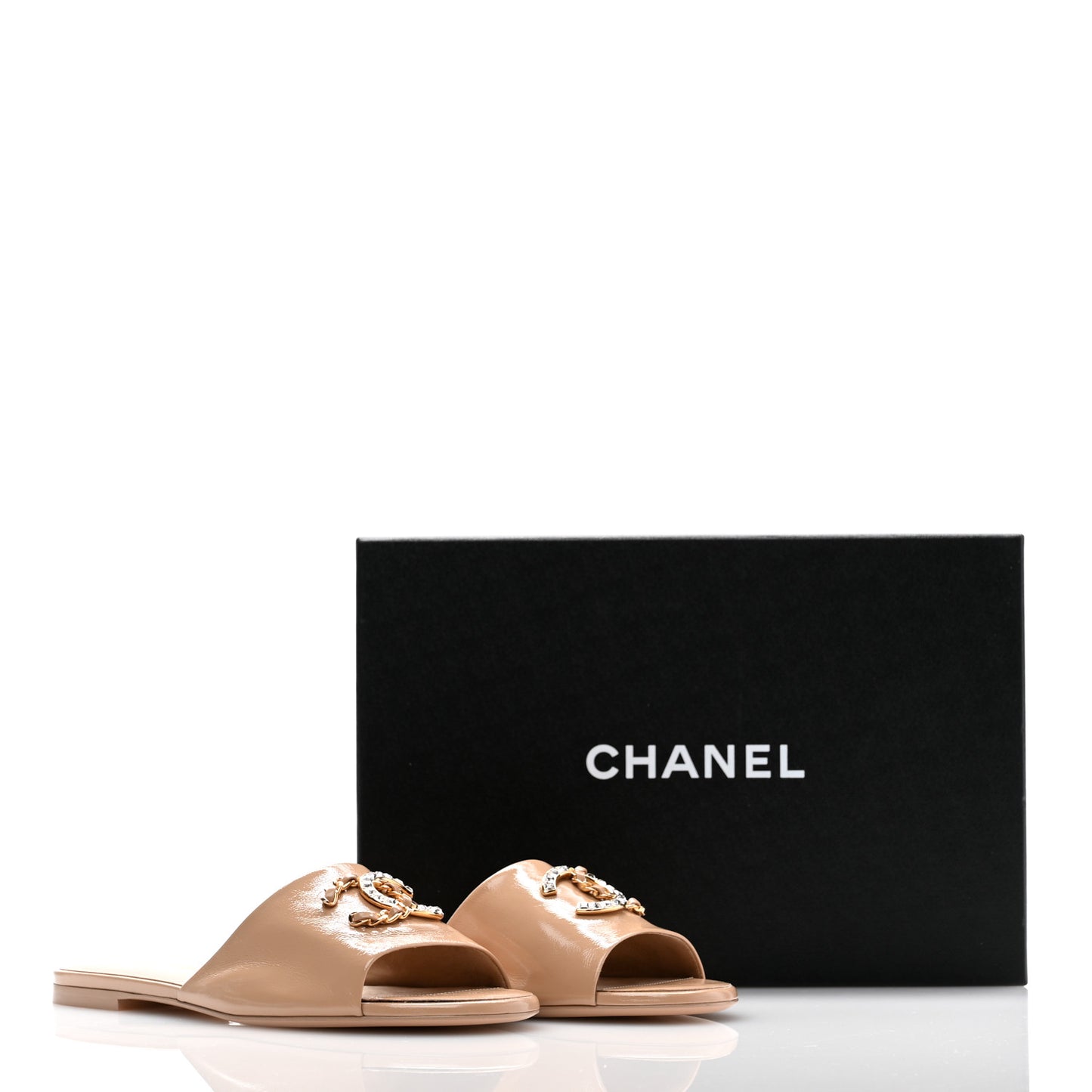 Shiny Calfskin Crystal CC Mules Sandals 40 Beige
