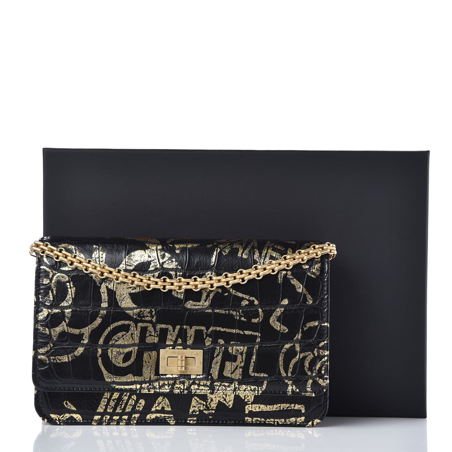 Calfskin Crocodile Embossed Graffiti 2.55 Cocodile Reissue Wallet On Chain WOC Black Gold