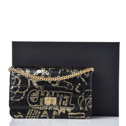 Chanel Calfskin Crocodile Embossed Graffiti 2.55 Cocodile Reissue Wallet On Chain WOC Black Gold 13 of 13