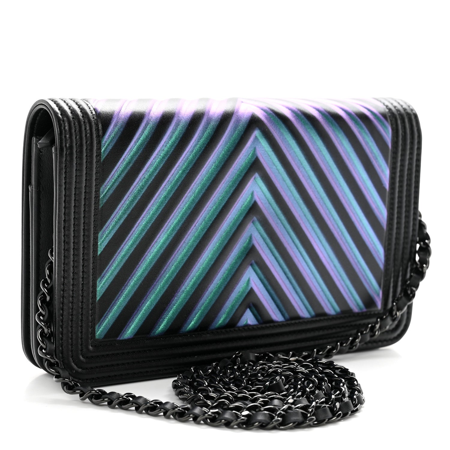 Chanel Calfskin Painted Chevron Embossed Boy Wallet On Chain WOC Black 2 of 11
