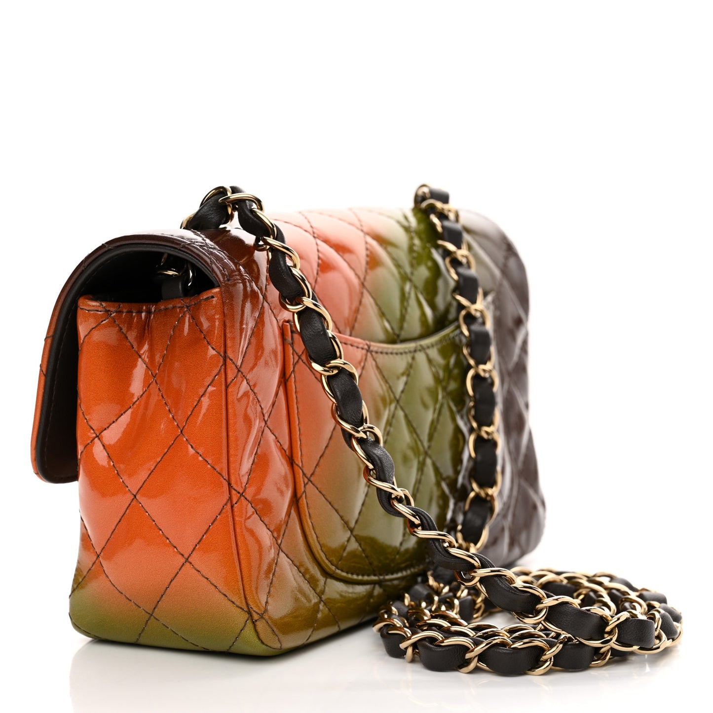 Shaded Patent Calfskin Quilted Mini Rectangular Flap Green Orange Dark Brown