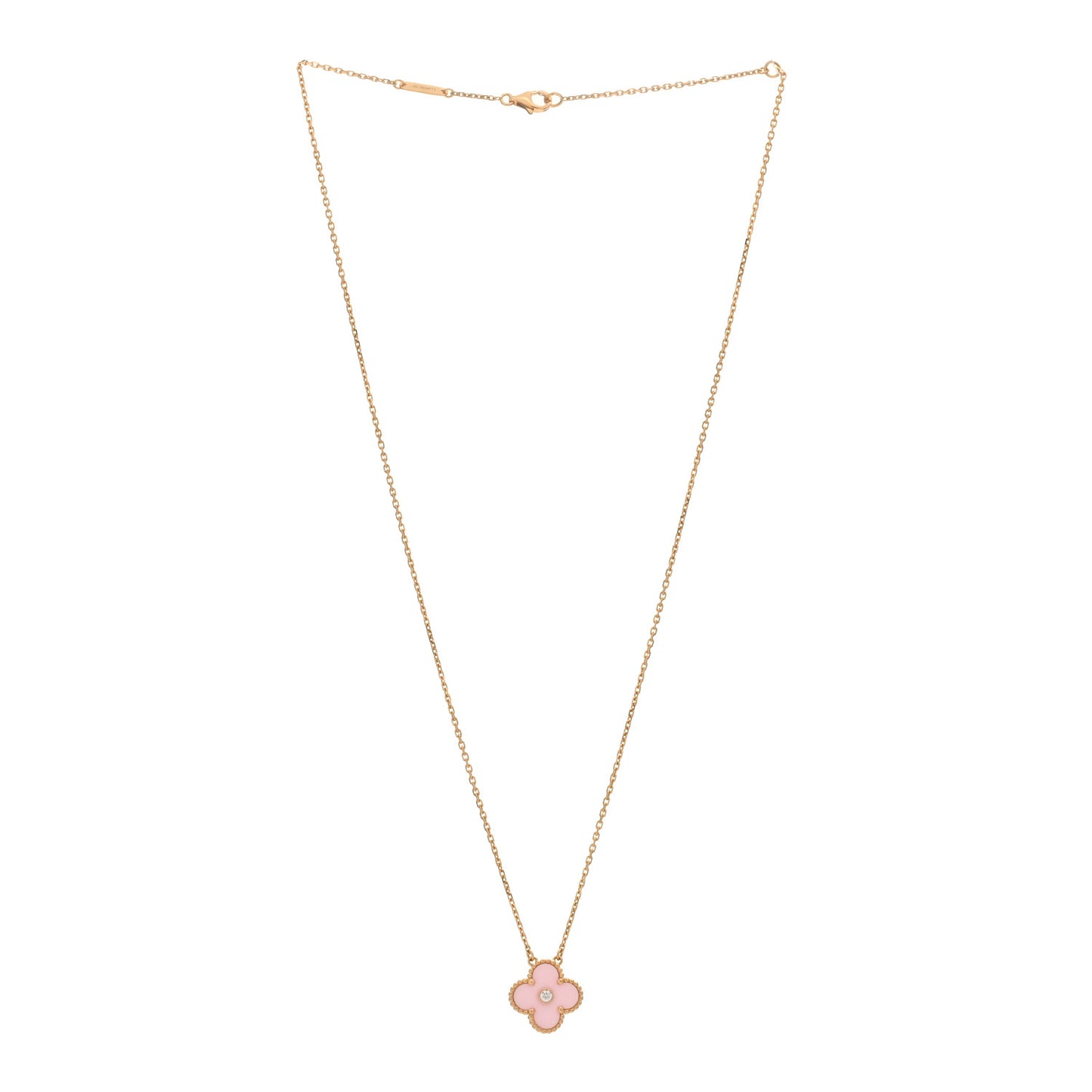 18K Rose Gold Diamond Pink Porcelain Vintage Alhambra Pendant Necklace