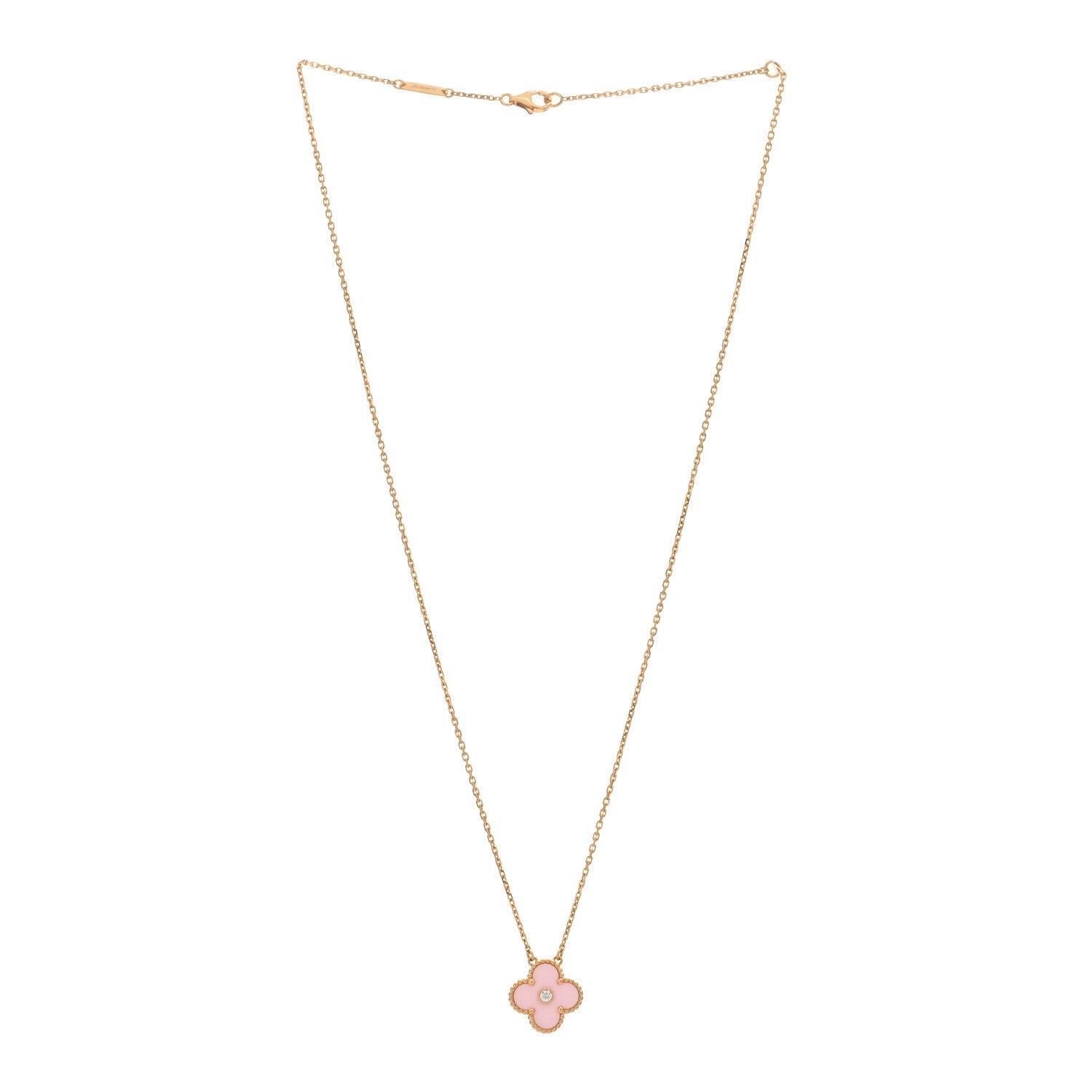 Van Cleef & Arpels 18K Rose Gold Diamond Pink Porcelain Vintage Alhambra Pendant Necklace 2 of 3