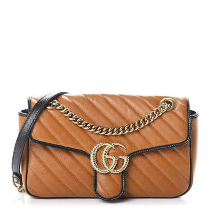Gucci Vintage Effect Calfskin Matelasse Diagonal Small Torchon GG Marmont Shoulder Bag Cognac Black 1 of 9