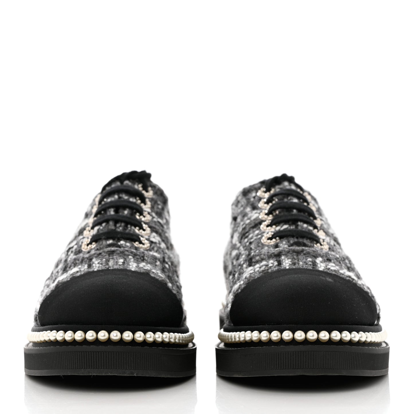 Tweed Grosgrain Pearl Lace Up Sneakers 39.5 Black