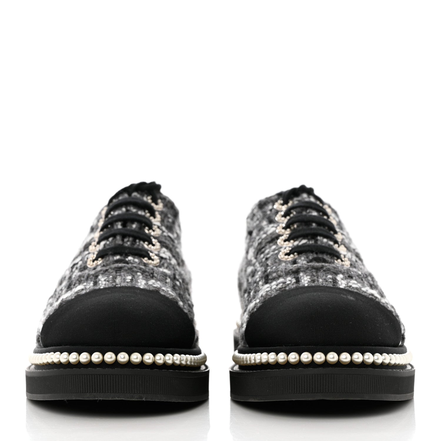 Chanel Tweed Grosgrain Pearl Lace Up Sneakers 39.5 Black 2 of 8