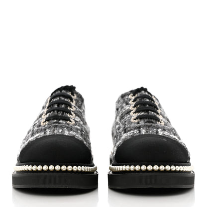 Chanel Tweed Grosgrain Pearl Lace Up Sneakers 39.5 Black 2 of 8