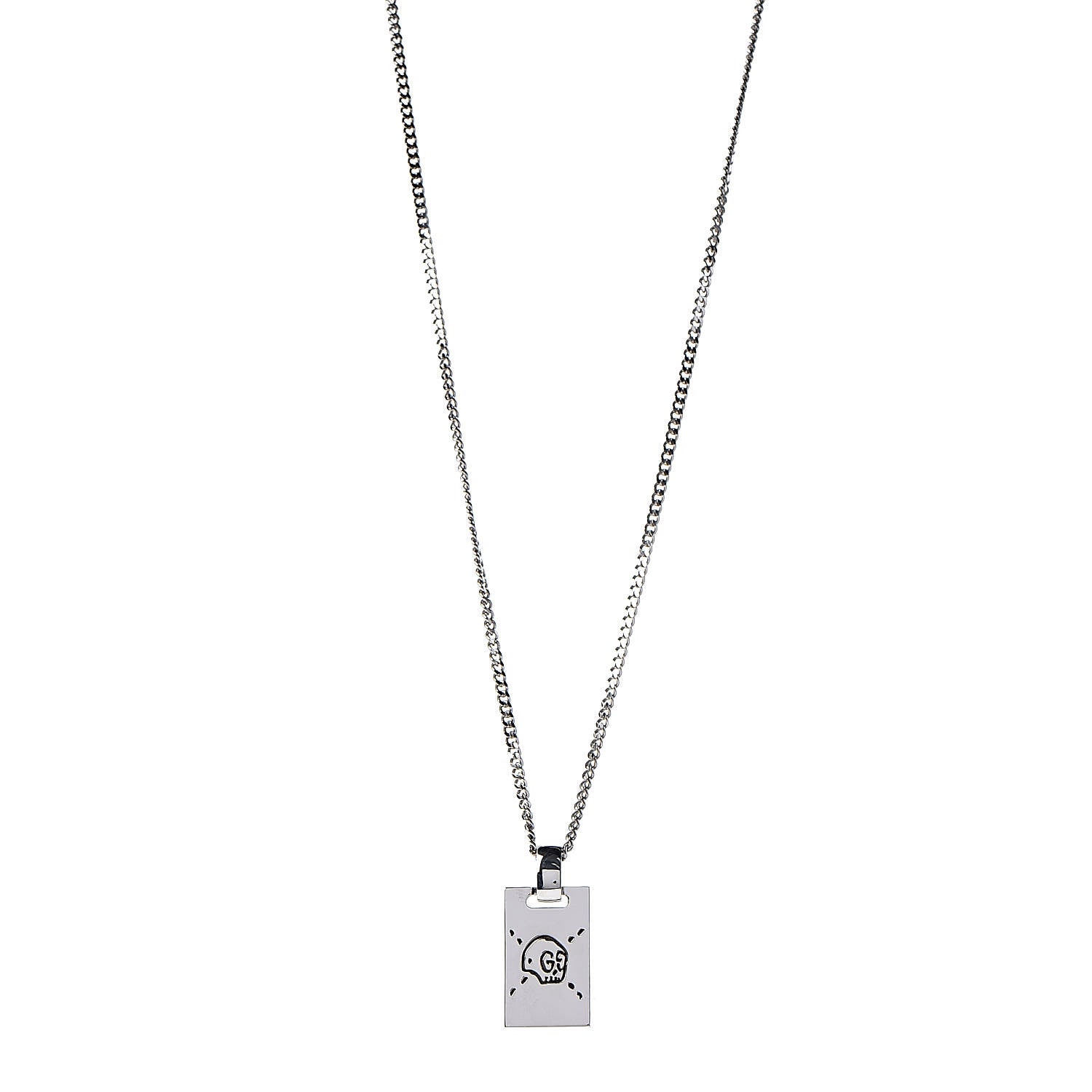 Gucci Sterling Silver GucciGhost Hamlet Skull Dog Tag Pendant Necklace 1 of 5