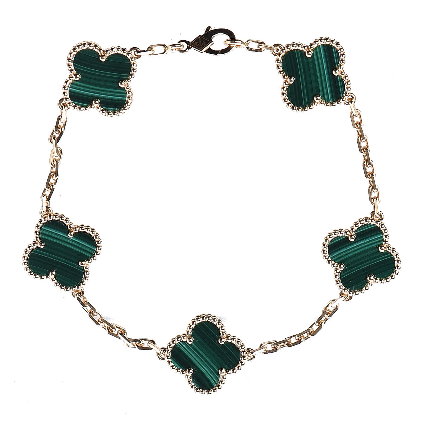 18K Yellow Gold Malachite 5 Motifs Vintage Alhambra Bracelet
