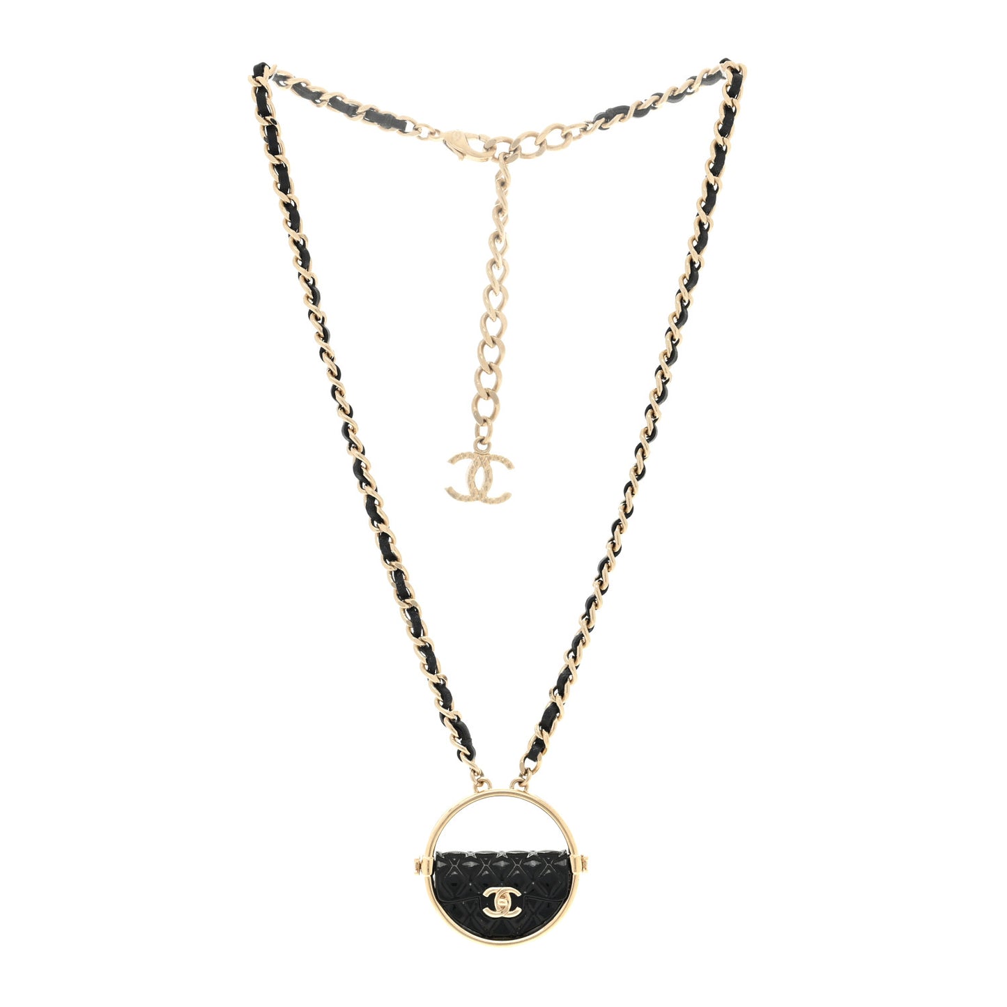 Metal Resin Quilted Flap Bag Hoop Mirror Necklace Black Gold