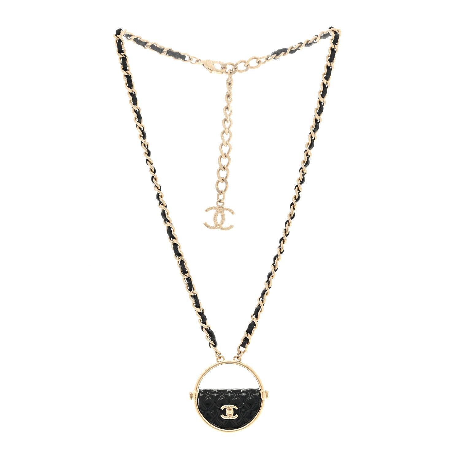 Chanel Metal Resin Quilted Flap Bag Hoop Mirror Necklace Black Gold 2 of 3