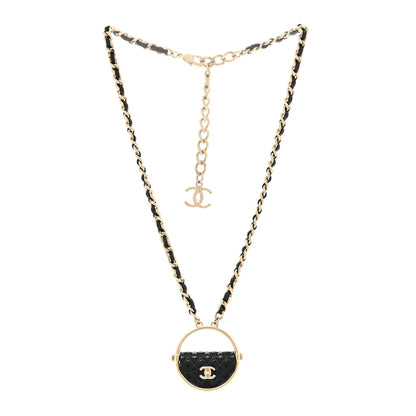 Chanel Metal Resin Quilted Flap Bag Hoop Mirror Necklace Black Gold 2 of 3