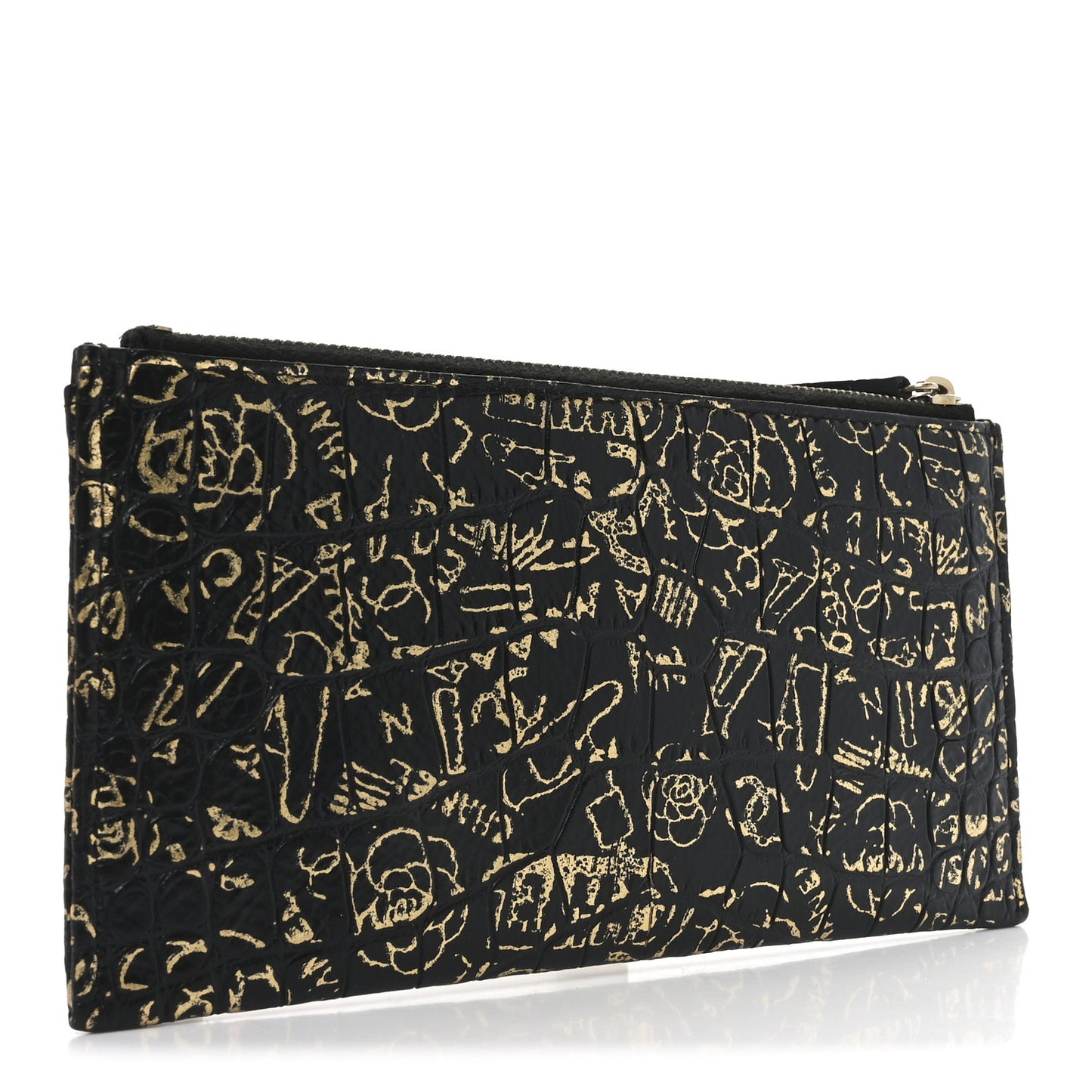 Calfskin Crocodile Embossed Graffiti 2.55 Cocodile Reissue Zip Pouch Black Gold