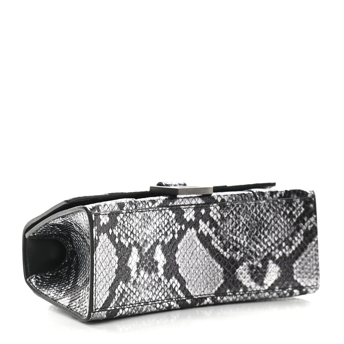 Shiny Calfskin Snakeskin Embossed Hourglass Top Handle Bag XS Silver Black