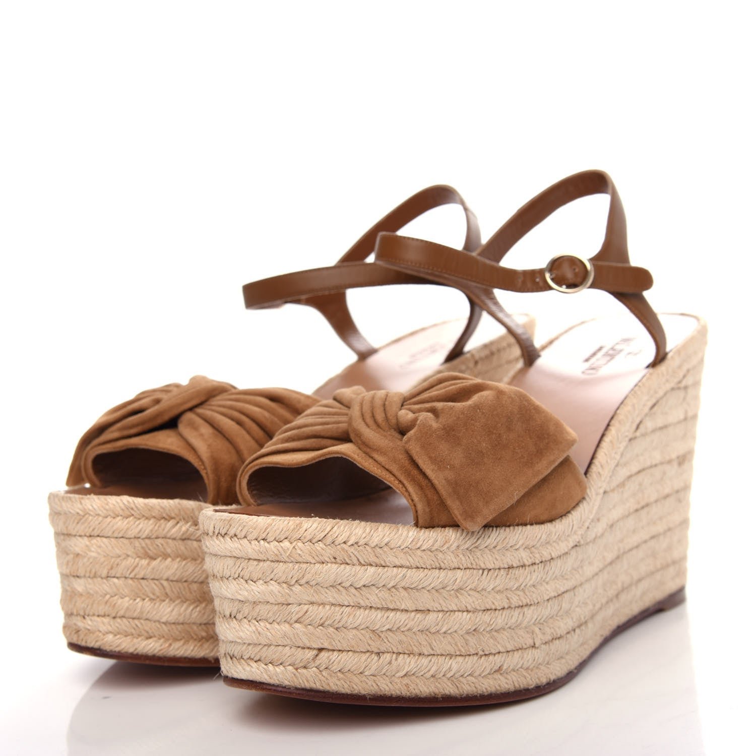 Valentino Garavani Suede Calfskin Tropical Bow Espadrille Platform Wedge Sandals 42 Brown 3 of 10