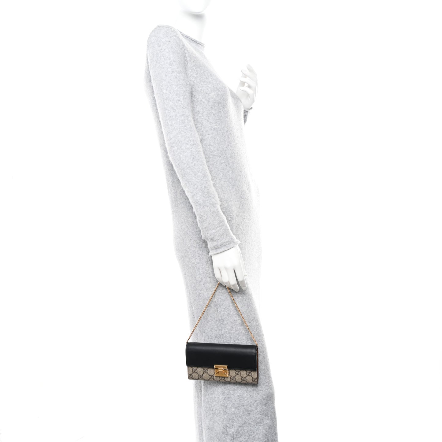 GG Supreme Monogram Moon Calfskin Padlock Continental Chain Wallet Beige Ebony Black