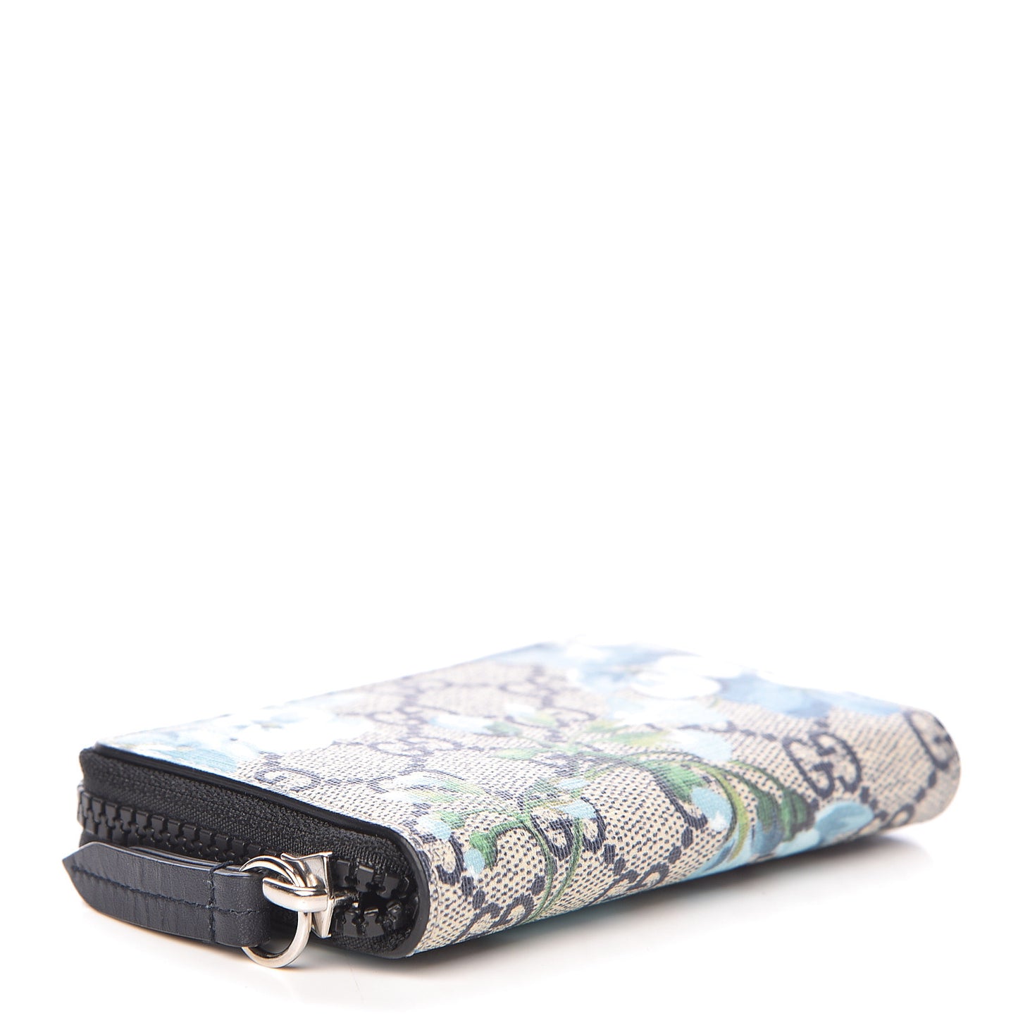 GG Supreme Monogram Blooms Zip Around Card Case Wallet Beige Blue Navy