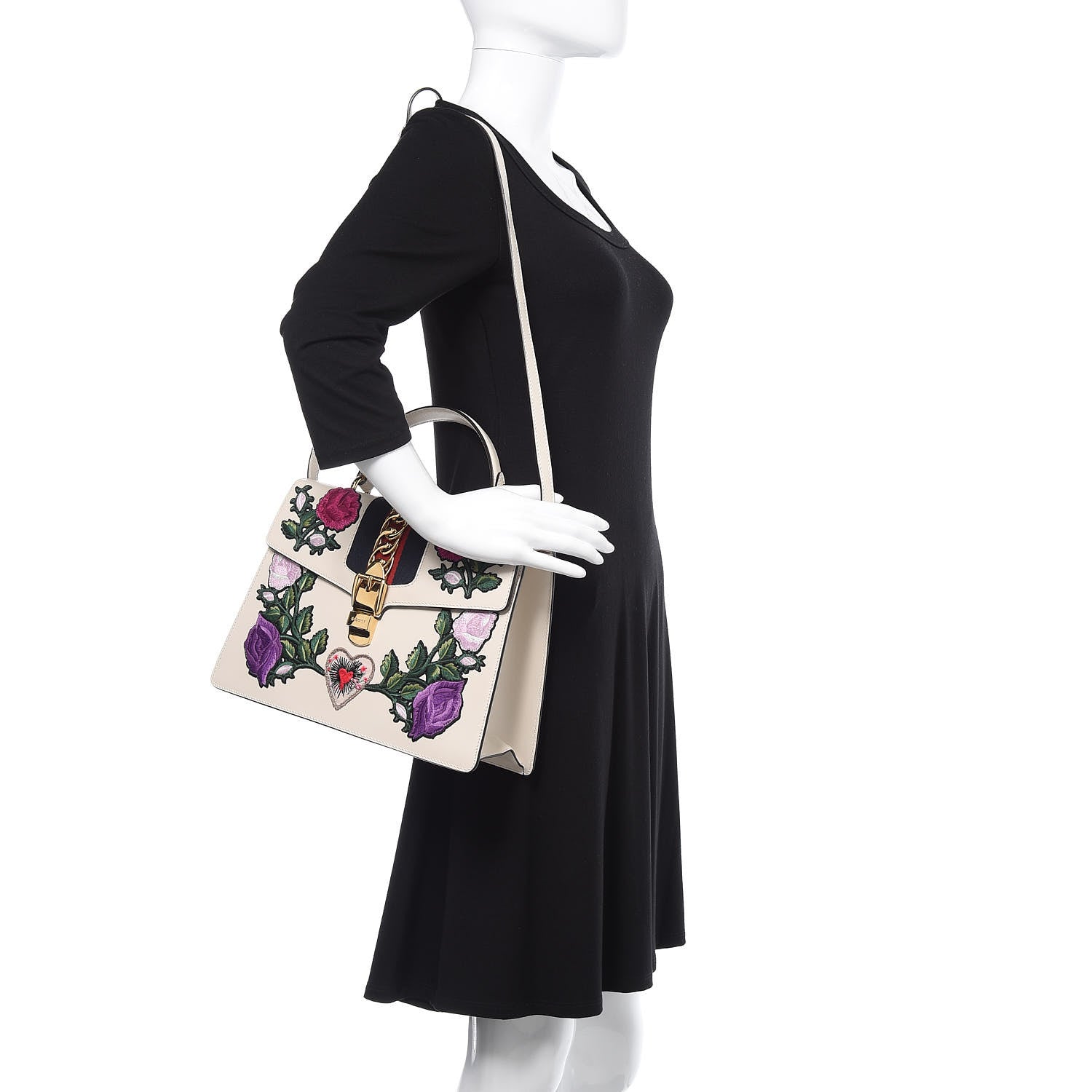Gucci Calfskin Embroidered Medium Sylvie Top Handle Bag White 2 of 14